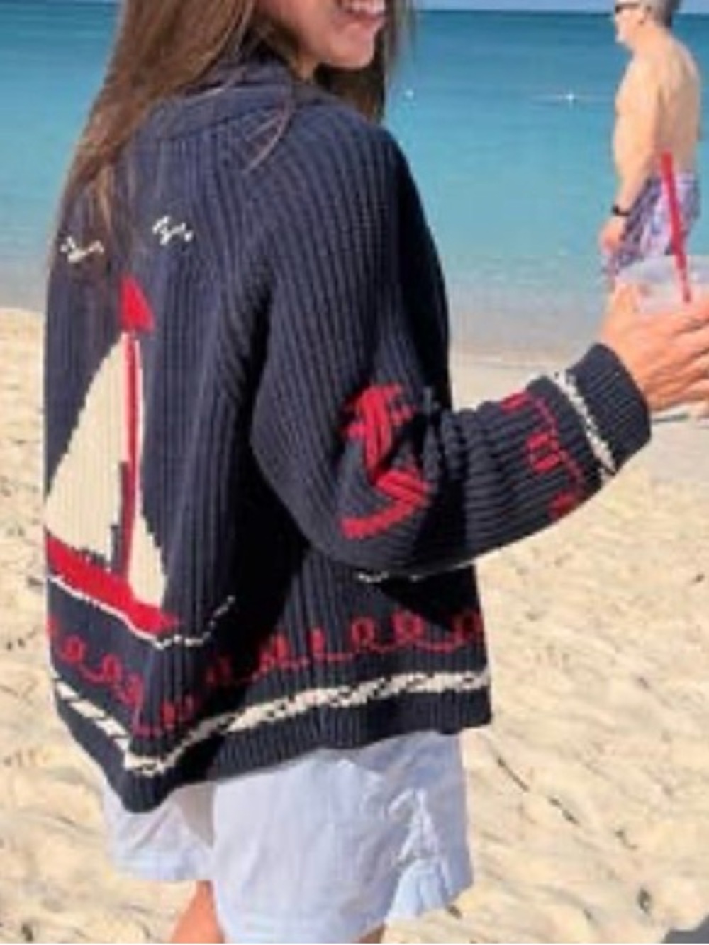 THE GREAT. Navy Sailboat Lodge Knit Cardigan with Cream and Red Accents - Picture 6 of 6